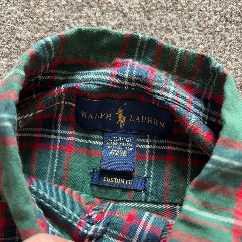 Ralph Lauren Green Plaid Button Down Long Sleeve Shirt Custom Fit Boys L (14-16)